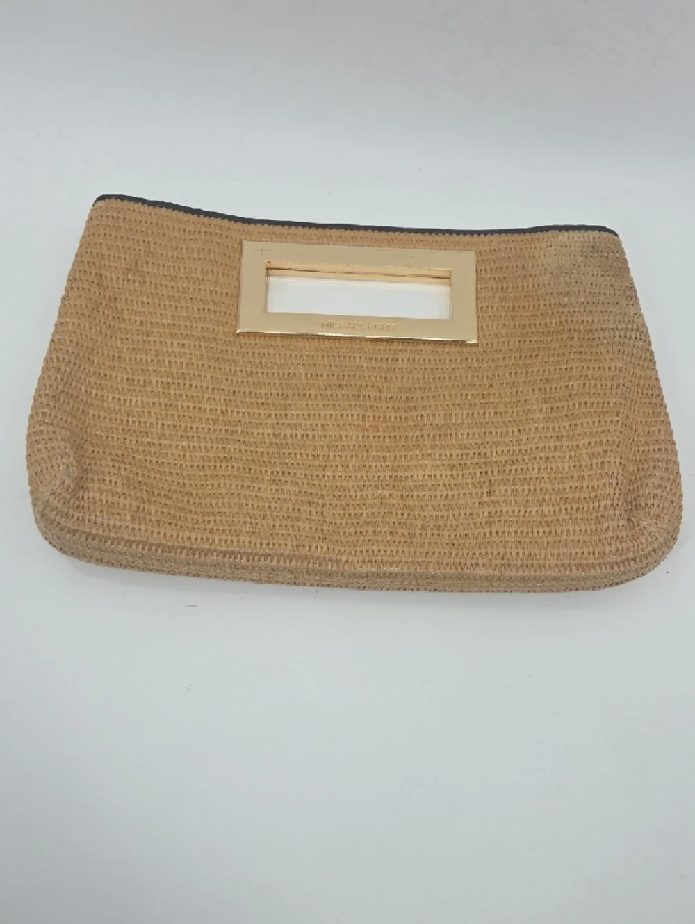 Michael Kors Tan Woven Clutch with Gold Handle Detail